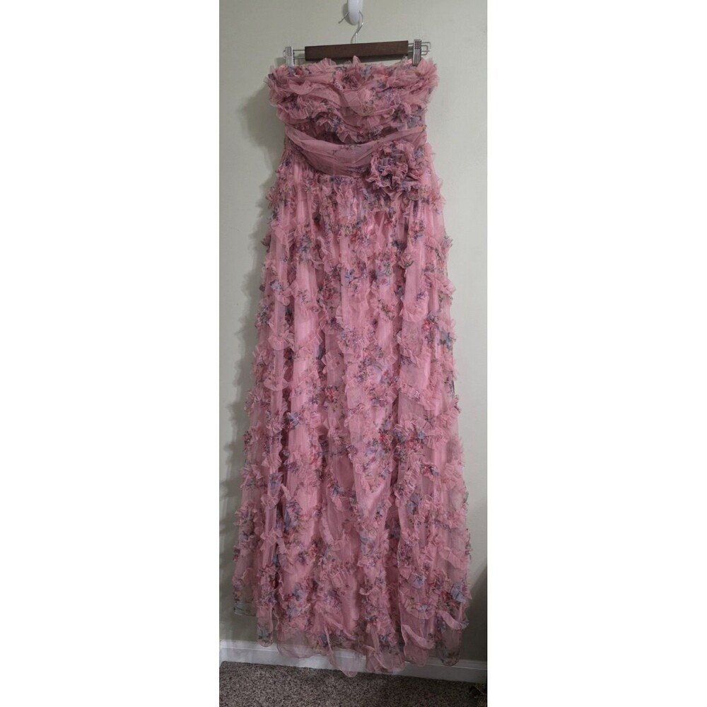 Nwt QQ Fashion Stunning Element Pink Floral Mesh Ruffled Strapless Maxi Dress L